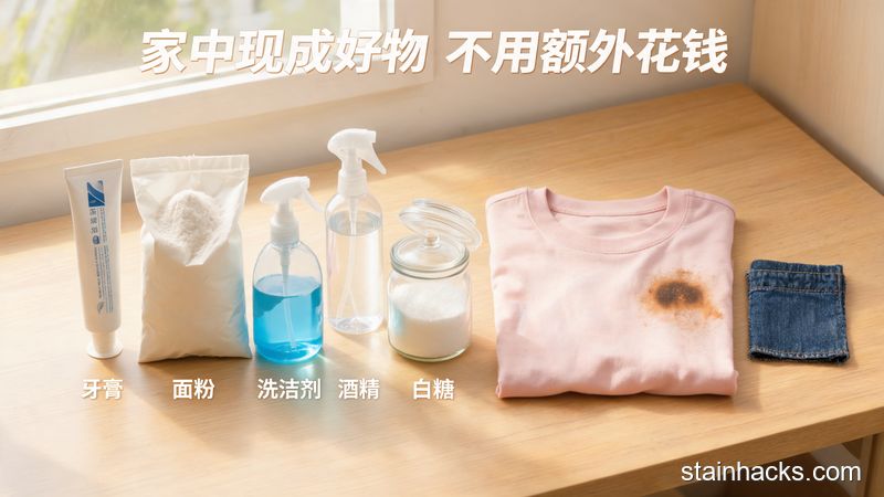 清新明亮生活化场景,桌面整齐摆放牙膏、面粉、洗洁精、酒精、白糖等家用常见物品,旁边放着带油污的纯棉T恤、牛仔面料小样,配有文字标注「家中现成好物 不用额外花钱」,突出低成本无负担