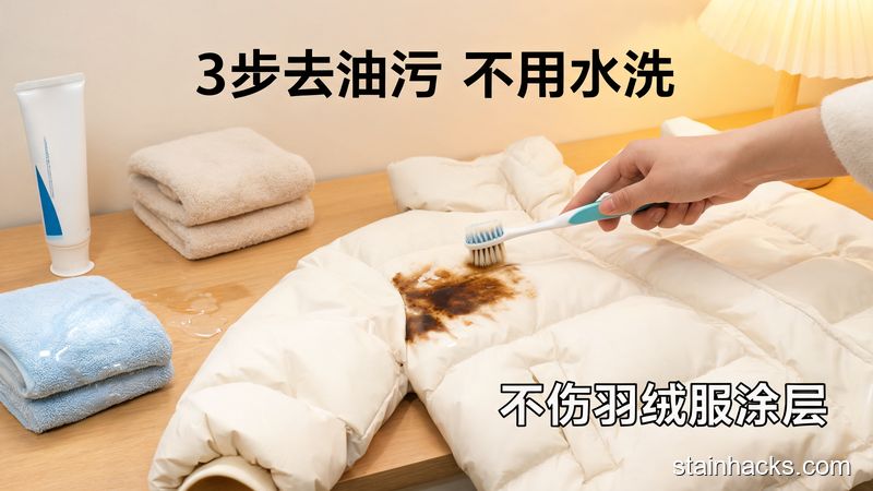 居家桌面，摆放着普通牙膏、软毛牙刷、干湿毛巾、带油污的羽绒服，手正拿着牙刷顺着面料纹理轻刷油污，风格：温馨明亮居家风，关键元素：文字标注「3步去油污 不用水洗」「不伤羽绒服涂层」，突出高效低成本