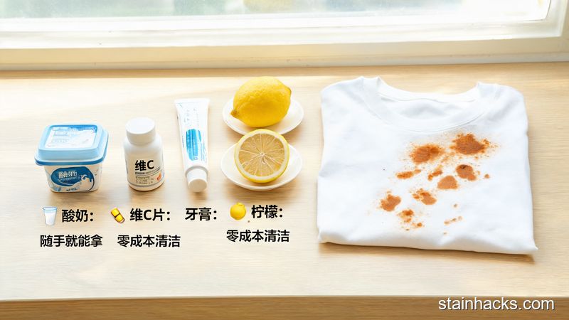 桌面整齐摆放酸奶、维C片、牙膏、柠檬四种日常物品，旁边放着沾锈迹的衣物，风格：清新明亮生活化，主体动作：每个物品旁标注1句话简易操作说明，关键元素：标注文字「随手就能拿」「零成本清洁」