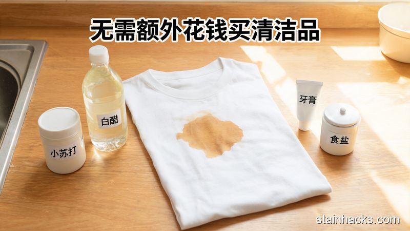 清新明亮生活化场景，桌面摆放带油渍的白T恤、小苏打、白醋、普通牙膏、食盐等家常物品，配文字标注&ldquo;无需额外花钱买清洁品&rdquo;，风格轻松接地气