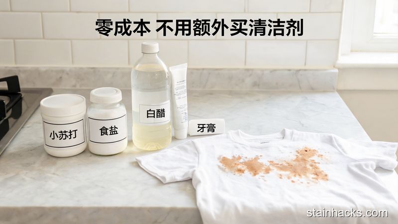 场景：厨房台面摆放着小苏打、食盐、白醋、牙膏等家常食材，旁边放着1件沾了污渍的白T恤；风格：清新明亮生活化；关键元素：带有文字标注&ldquo;零成本 不用额外买清洁剂&rdquo;，突出轻松方便的氛围
