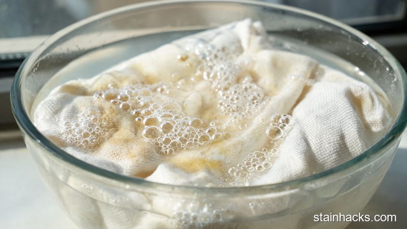 小苏打与白醋调配的枕套浸泡溶液，发黄枕套浸在温水中冒出细腻气泡