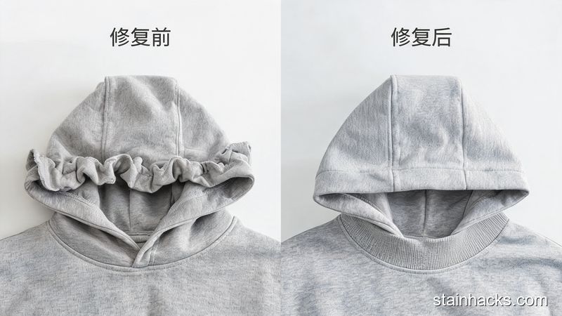 同一件灰色连帽卫衣领口修复前后对比,左为松垮的荷叶边状,右为紧致复原版型