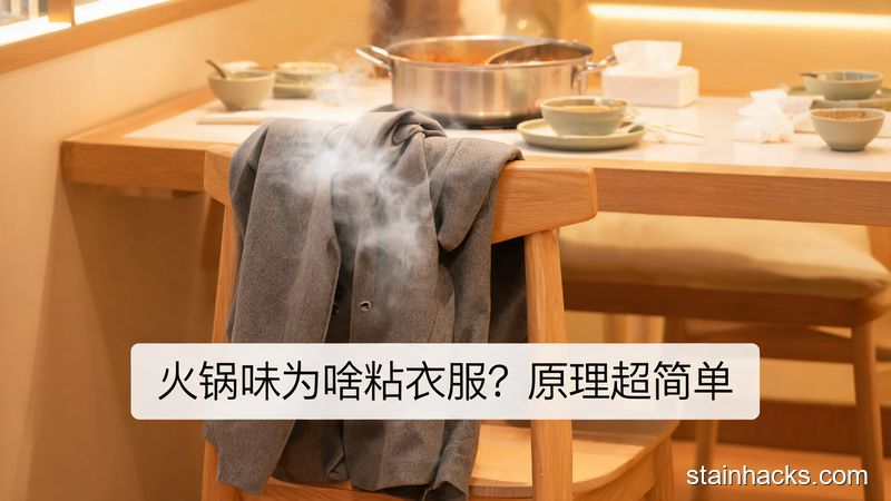 清新明亮生活化场景,吃完火锅的外套搭在餐椅上,旁边有淡淡的火锅味烟雾示意,图片下方配文字「火锅味为啥粘衣服?原理超简单」,风格温暖接地气,突出简单易懂