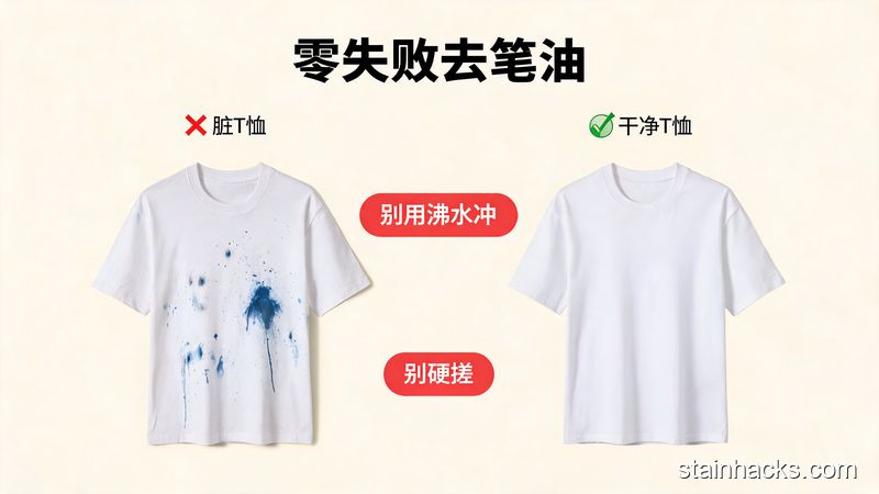 左侧是沾了笔油的脏T恤，右侧是清洁后干净的同款T恤，中间标注2个醒目的红色提示「别用沸水冲」「别硬搓」，风格清新明亮生活化，带有文字标注「零失败去笔油」，突出简单好上手的特点