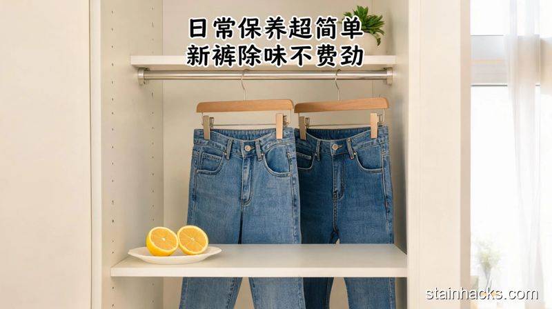 清新明亮生活化卧室衣柜场景,两条牛仔裤轮流挂在衣架上,旁边放着切开的新鲜柠檬,画面标注「日常保养超简单 新裤除味不费劲」