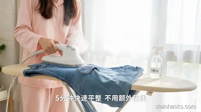 清新明亮生活化场景,人手持挂烫机熨烫牛仔裤膝盖鼓包部位,旁边放着装白醋水的小喷瓶,画面标注「5分钟快速平整 不用额外花钱」