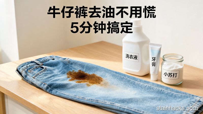 清新明亮居家场景，牛仔裤裤腿沾有明显油渍，旁边摆放着家用普通洗衣液、牙膏、小苏打，配文字标注「牛仔裤去油不用慌 5分钟搞定」，生活化风格，画面简单直观