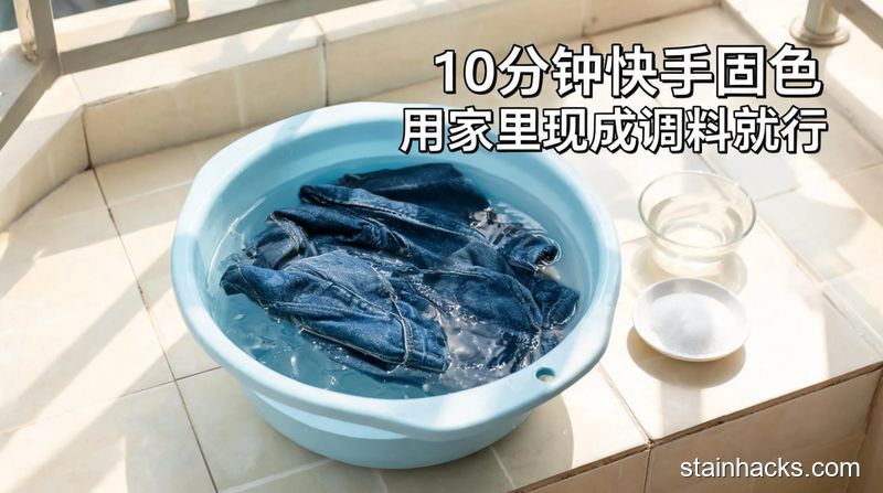家用洗衣盆场景，深色牛仔裤泡在加了白醋/食用盐的清水中，旁边配文字标注&ldquo;10分钟快手固色 用家里现成调料就行&rdquo;，风格清新明亮生活化，突出低成本、易操作特点