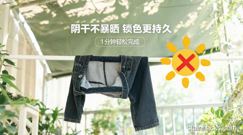阳台阴凉处场景，翻了反面的深色牛仔裤挂在晾衣杆上，旁边有打叉的太阳图案，配文字标注&ldquo;阴干不暴晒 锁色更持久&rdquo;，风格清新明亮生活化，突出1分钟就能完成的特点