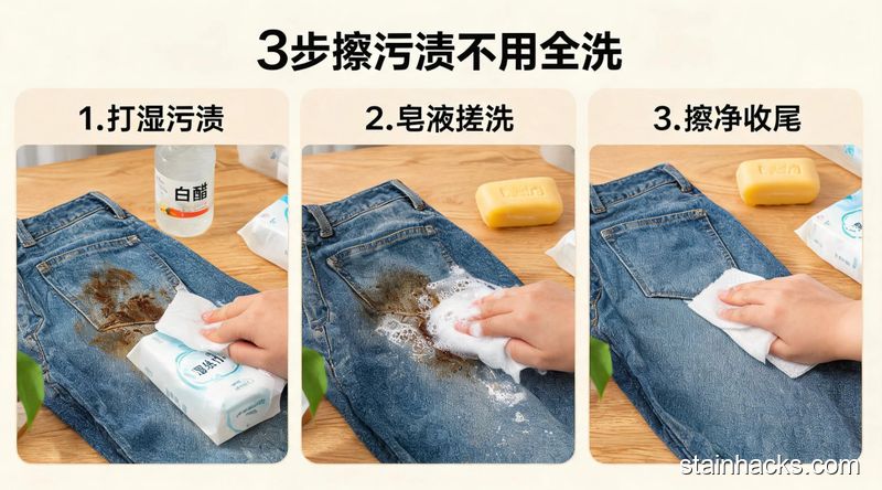 桌面摆放沾了污渍的牛仔裤，一只手用湿纸巾蘸肥皂擦污渍，旁边摆着家里常见的肥皂、湿纸巾、白醋瓶，3步动作拆解，清新明亮生活化，标注文字「3步擦污渍不用全洗」，突出快手低成本