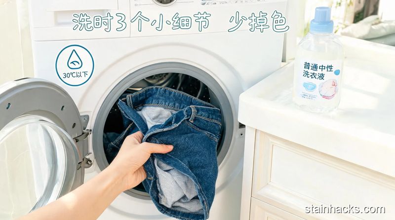 洗衣机旁场景，人手将翻了反面的深色牛仔裤放进洗衣机，旁边有30℃以下水温标识、普通中性洗衣液，配文字标注&ldquo;洗时3个小细节 少掉色&rdquo;，风格清新明亮生活化，突出简单快手特点