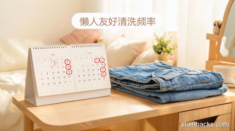 温馨家居场景，牛仔裤放在一旁，桌面日历上圈出1-2个月的时间标记，清新明亮生活化，标注文字「懒人友好清洗频率」，突出简单好记