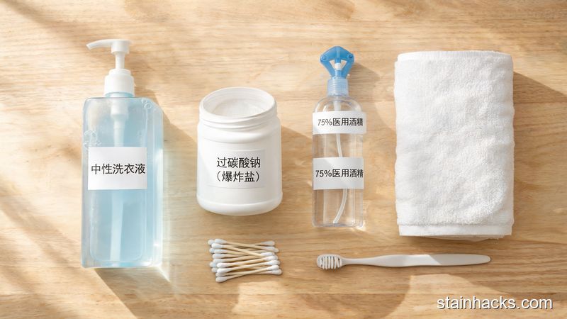 木质桌面上整齐摆放的洗衣液、过碳酸钠粉末、医用酒精、棉签与软毛刷等去渍工具