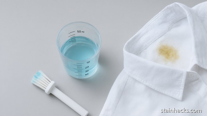 俯拍量杯中的洗衣液刻度与待预涂的污渍衬衫,展示精确用量