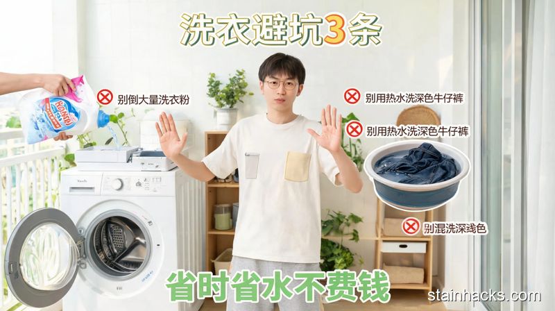 家用滚筒洗衣机旁，普通人摆手拒绝往洗衣机里倒大量洗衣粉、拒绝用热水盆洗深色牛仔裤，风格清新明亮、生活化，标注&ldquo;洗衣避坑3条&rdquo;&ldquo;省时省水不费钱&rdquo;文字，突出懒人友好