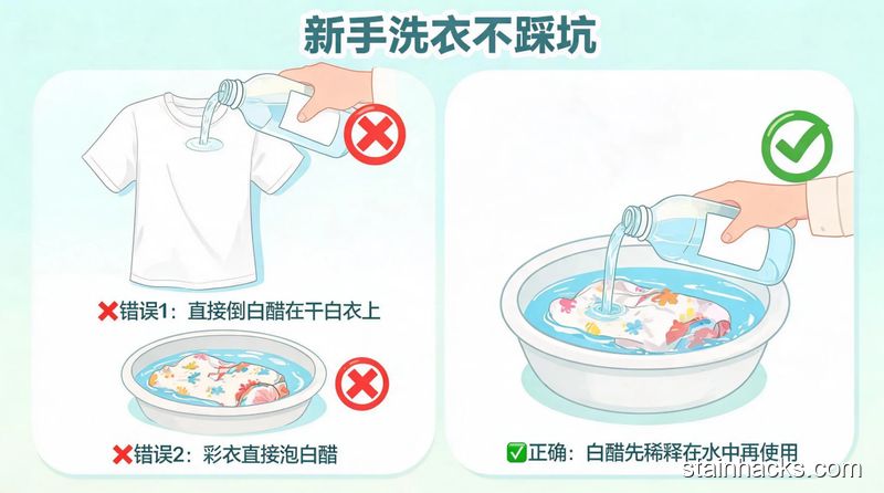 居家洗衣小科普场景，左侧打叉标注2个错误操作：①直接把白醋倒在白衣服上 ②彩色衣服泡白醋，右侧打对勾标注正确做法：白醋先稀释再用，配文字「新手洗衣不踩坑」，文字醒目易懂