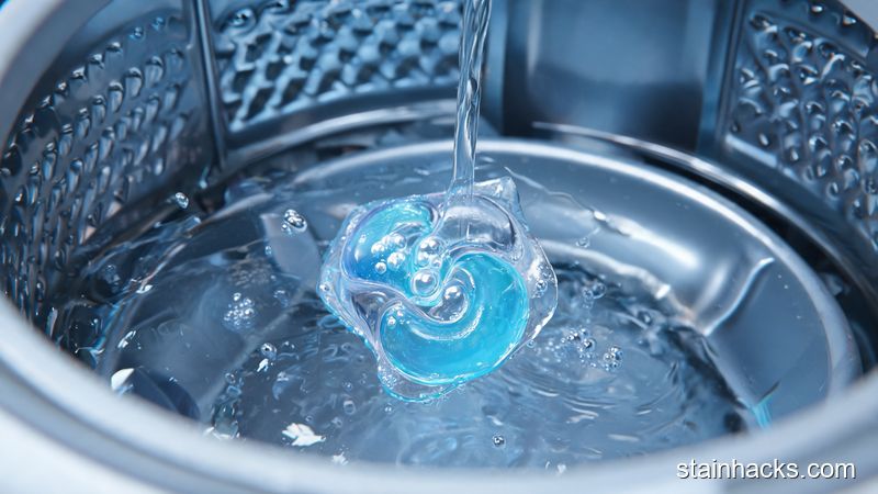 洗衣机滚筒内洗衣凝珠遇水溶膜溶解的微距特写