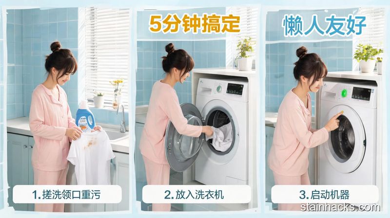 小户型家居洗衣角，年轻女生按3步快速处理脏衣服（1.轻搓领口重污 2.丢衣服进洗衣机 3.按洗衣机启动键），清新明亮生活化，配文字标注&ldquo;5分钟搞定&rdquo;&ldquo;懒人友好&rdquo;
