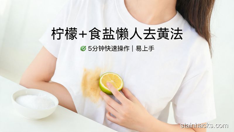 场景：女生手拿着鲜柠檬在白T恤腋下发黄处擦拭，旁边放着一小碗食用食盐，配文字「柠檬+食盐懒人去黄法」，风格清新明亮生活化，突出5分钟快速操作、易上手