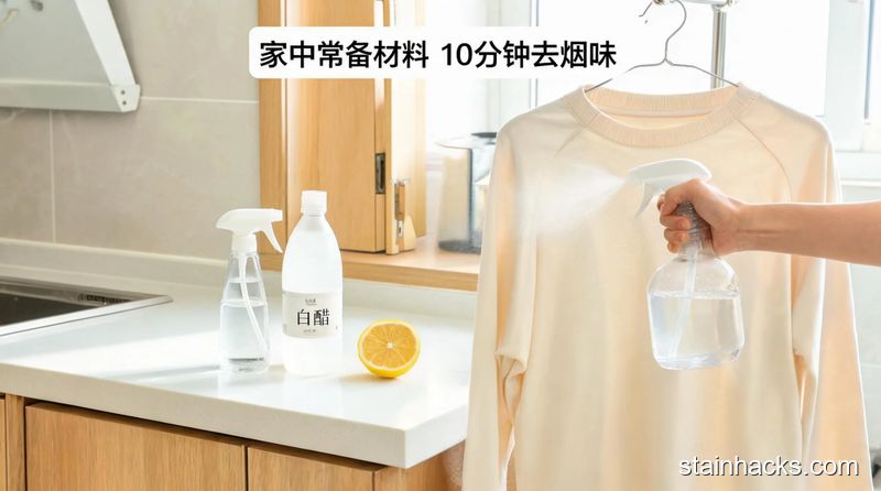 清新明亮生活化厨房场景,台面上放着喷壶、白醋、切开的柠檬,一只手拿着喷壶对着悬挂的衣服喷洒,配文字标注「家中常备材料 10分钟去烟味」,突出低成本易操作