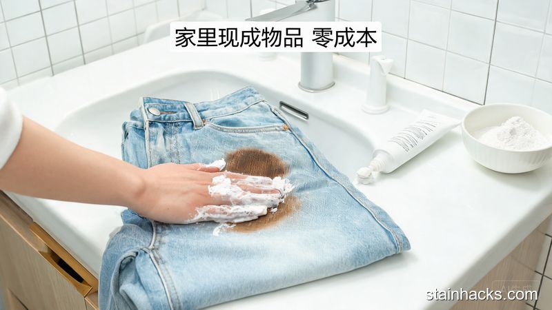 清新明亮洗手台场景，浅色牛仔裤铺在台面上，旁边放着家用牙膏、装小苏打的白色小碗，一只手把混合好的膏体涂在油渍上，配文字标注「家里现成物品 零成本」，生活化风格