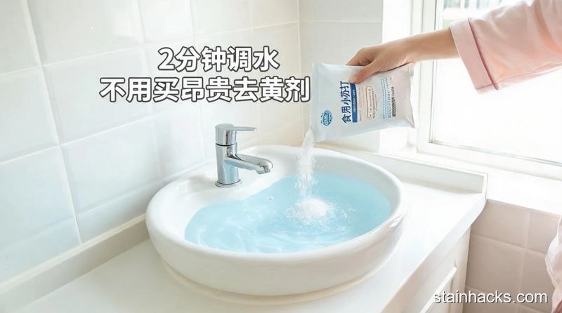 清新明亮居家卫生间场景，干净的普通洗脸盆里倒着40℃温水，女生正往盆里倒食用小苏打，旁边没有其他复杂清洁用品，配文字「2分钟调水 不用买昂贵去黄剂」，突出轻松高效