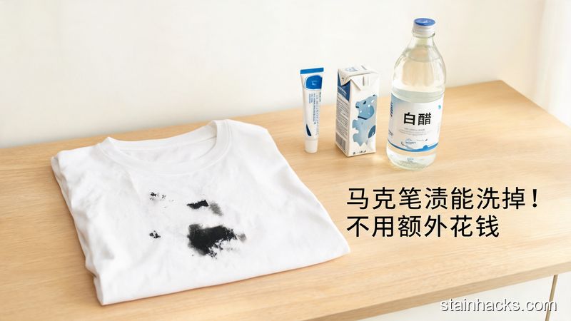 浅色家居桌面上放着一件沾了黑色马克笔渍的白色T恤，旁边依次摆着牙膏、盒装牛奶、白醋三种常见家用物品，风格清新明亮生活化，关键元素：画面角落标注文字&ldquo;马克笔渍能洗掉！不用额外花钱&rdquo;，整体氛围轻松接地气