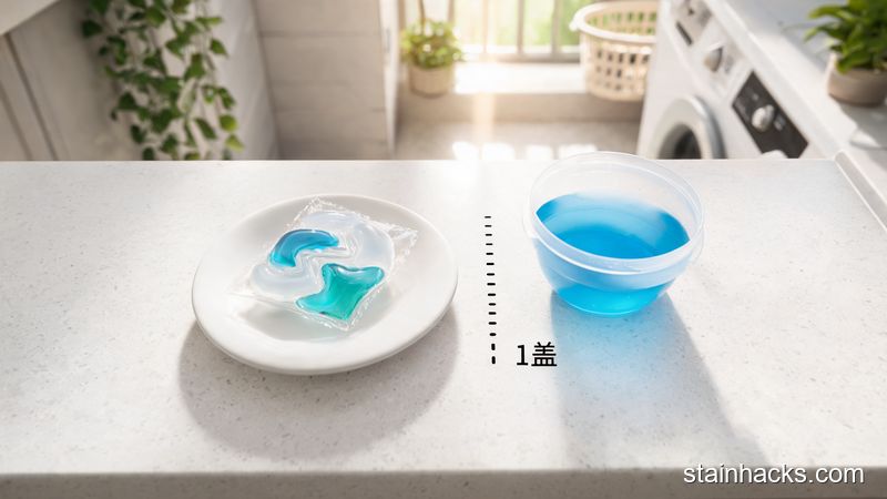 对比展示洗衣凝珠单颗定量与洗衣液瓶盖量取的用量差异
