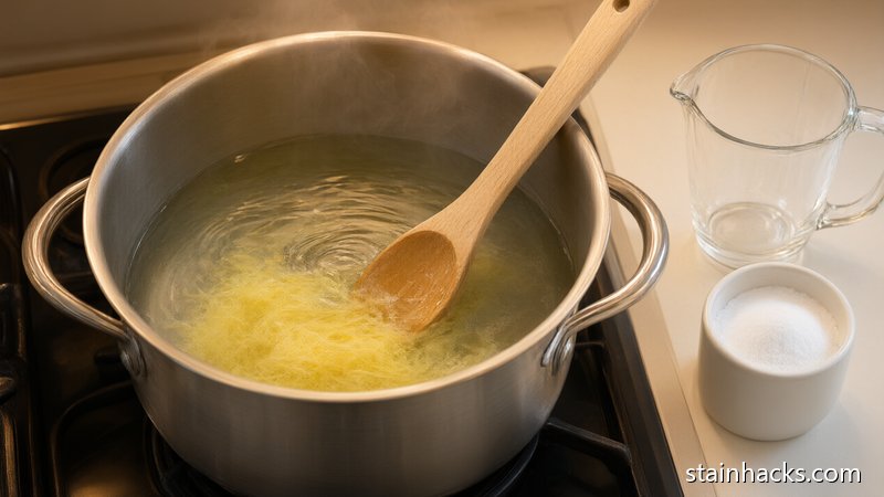 锅中六十到七十度热水中搅拌溶解肥皂碎制作皂液