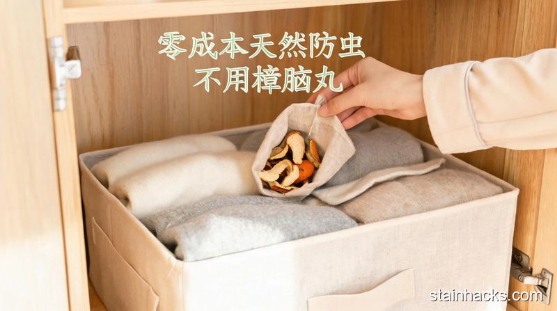 场景:打开的衣柜内部,主体动作:女生把晒干的橘子皮小布包放进装羊绒衫的收纳箱,风格:清新明亮生活化,关键元素:配文字标注「零成本天然防虫 不用樟脑丸」,突出安全无异味