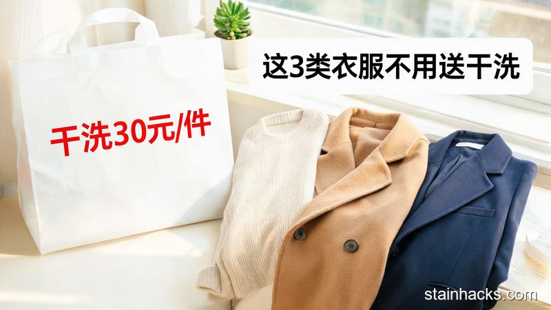 左边放着标有&ldquo;干洗30元/件&rdquo;的干洗店手提袋，右边摆着洗干净的羊毛衫、大衣、西装，标注&ldquo;这3类衣服不用送干洗&rdquo;文字，省钱省心