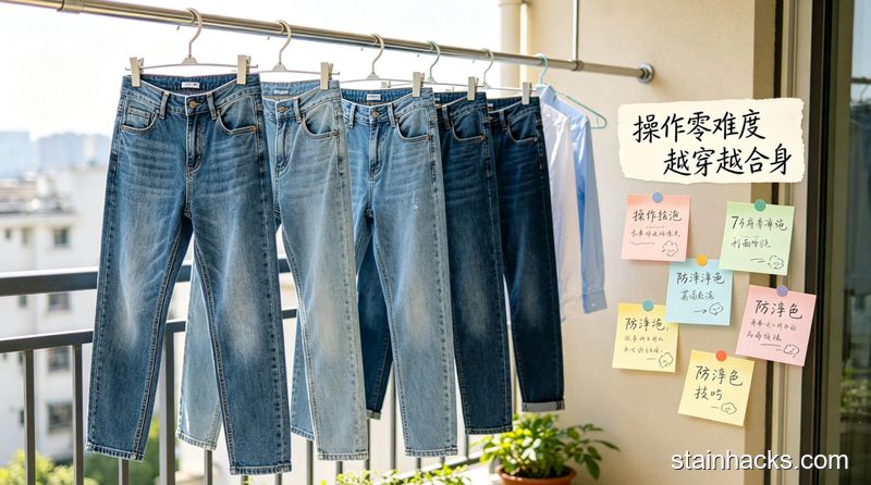 清新明亮生活化风格，客厅场景，女生开心拿着穿了很久依旧颜色鲜亮、合身的牛仔裤，文字标注&ldquo;告别掉色烦恼 省钱又省心&rdquo;