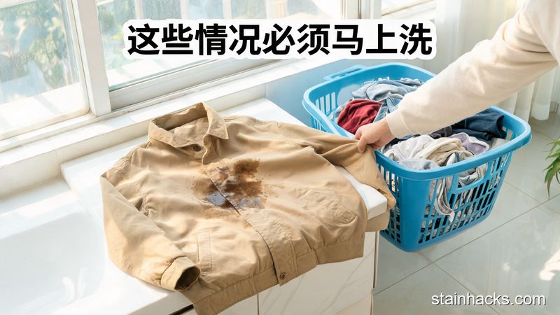 居家阳台脏衣篮旁,手把蹭了油污的外套单独放在一边,没有扔进堆着其他衣服的脏衣篮,有醒目标注文字「这些情况必须马上洗」