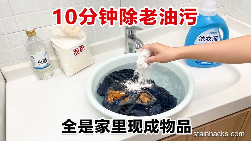 清新明亮生活化场景，家里普通洗手台旁放着白醋、面粉、洗衣液等家常物品，人手往泡了温水的带干硬油污的衣服上撒面粉，画面标注文字「10分钟除老油污」「全是家里现成物品」