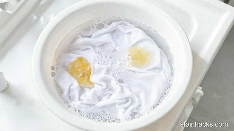 白色衣物浸泡在含有过碳酸钠的水中,气泡正在分解黄渍