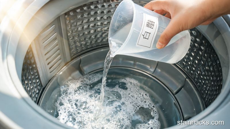 手拿量杯将白醋倒入洗衣机内筒，水面泛起细腻泡沫