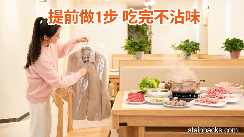 清新明亮生活化火锅店场景,女生正把外套放进防尘袋挂在餐椅靠背上,图片配文字「提前做1步 吃完不沾味」,突出轻松好操作