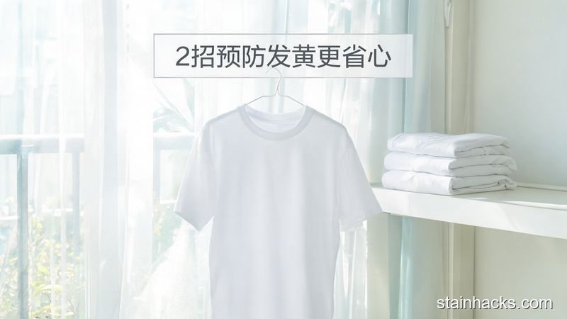 场景：干净白净的白T恤挂在通风的衣架上，旁边叠着几件整齐的白色衣物，配文字「2招预防发黄更省心」，风格清新明亮生活化，突出低负担好操作