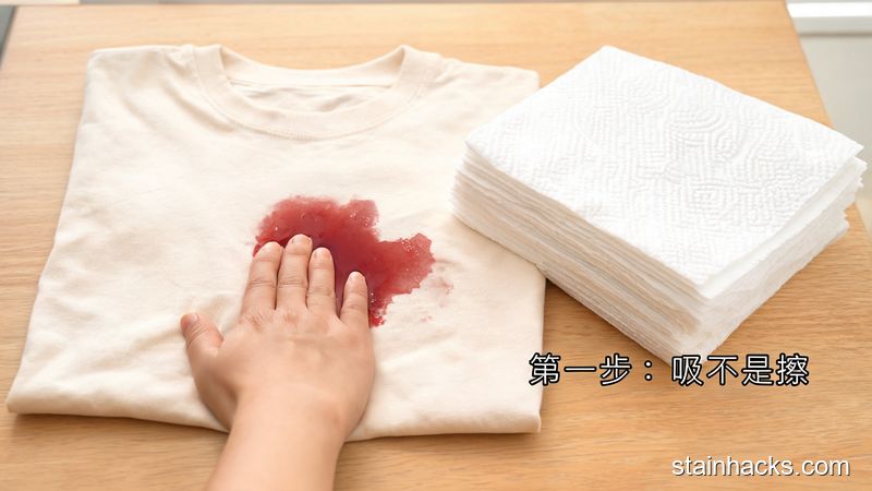 清新明亮生活化场景，浅色T恤上沾了新鲜红酒渍，旁边放着叠厚的厨房纸，一只手垂直轻轻按压在污渍上，角落标注文字「第一步：吸不是擦」，突出简单零成本，风格接地气