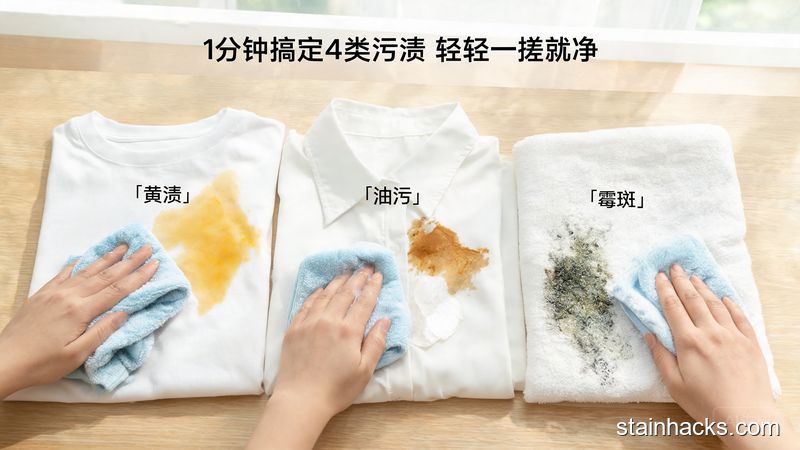 场景：桌面摆放着分别沾了黄渍、油污、霉斑的3件日常衣物，主体动作：手用沾了小苏打溶液的布料轻擦污渍，污渍一擦就消失，风格：清新明亮生活化，关键元素：标注文字「1分钟搞定4类污渍 轻轻一搓就净」，操作零难度