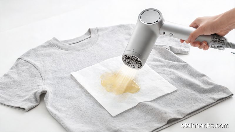 手持吹风机对着衣服上的蜡渍加热,纸巾吸附融化的蜡油