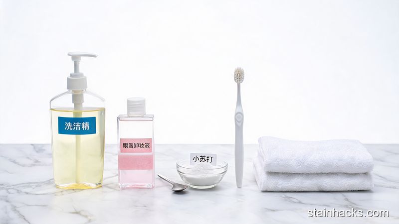 去除粉底液污渍的工具集合,包括洗洁精、卸妆水、小苏打、软毛牙刷和毛巾