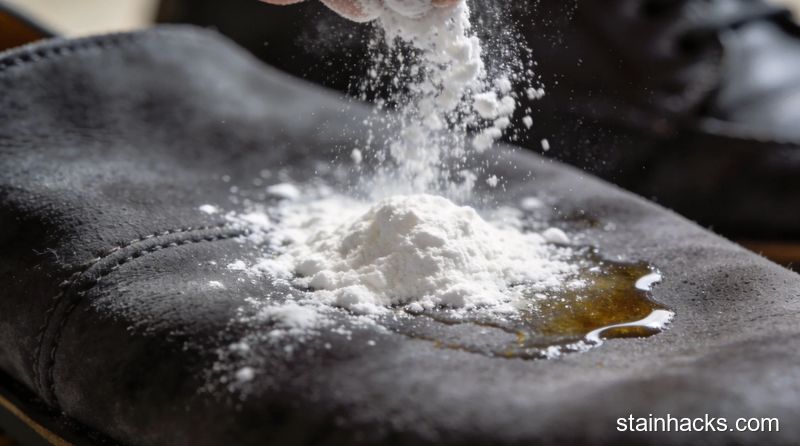 在麂皮表面撒玉米淀粉吸附油渍的微距特写镜头，展现细腻粉末覆盖油斑