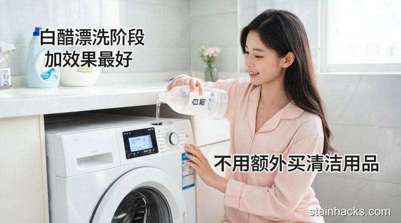 家庭明亮洗衣台，女生笑着往洗衣机漂洗模式的注水口倒白醋，旁边配醒目标注文字「白醋漂洗阶段加效果最好」「不用额外买清洁用品」，整体氛围轻松居家