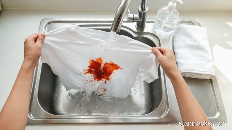 在水槽中从衣物背面用冷水冲洗番茄酱污渍的操作演示,水流穿过织物