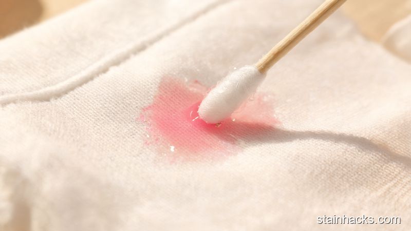 微距特写,棉签蘸酒精轻触衣服上的指甲油斑点,边缘逐渐溶解