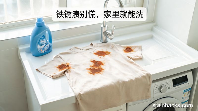 居家洗衣台旁放着沾有明显铁锈渍的浅色T恤，风格：清新明亮生活化，关键元素：标注文字「铁锈渍别慌，家里就能洗」，整体接地气