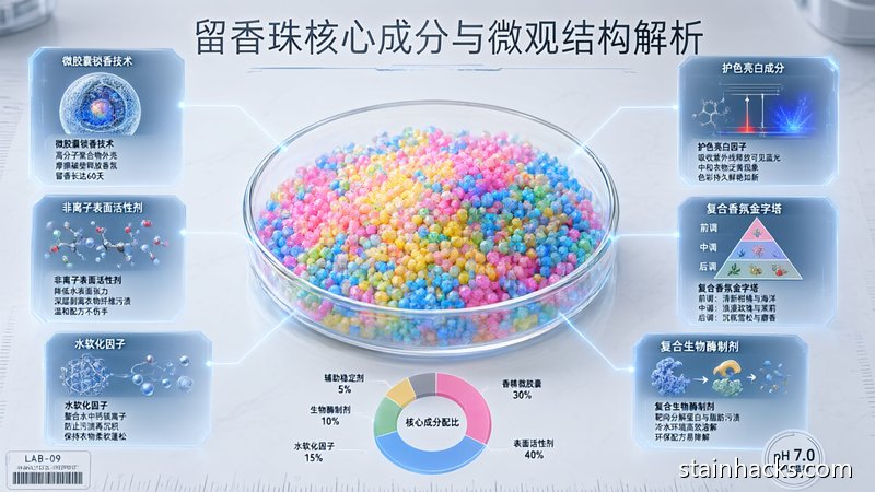 留香珠成分分析示意图，展示香精微胶囊、PVA载体与致敏物质的分子结构对比