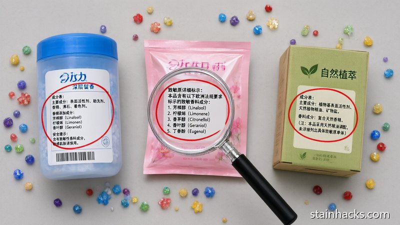 留香珠产品标签成分对比实拍，展示不同品牌成分表标示差异